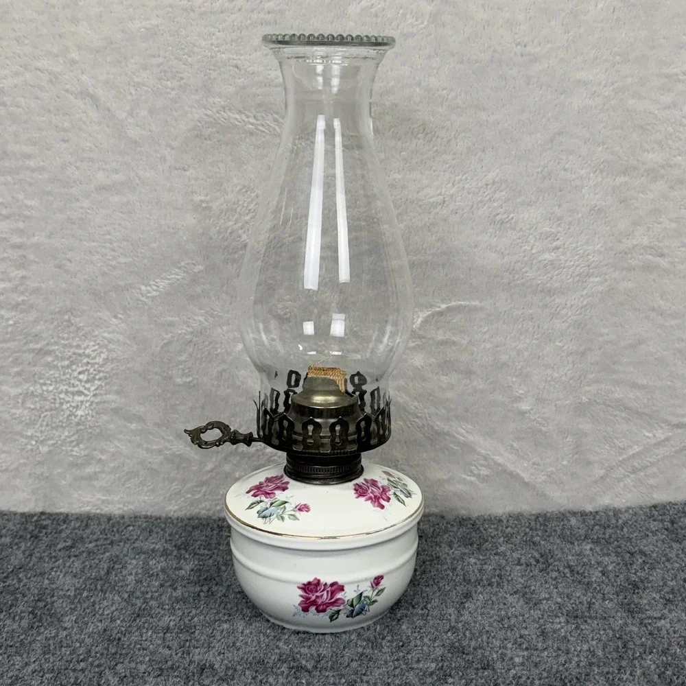 Vintage White Ceramic Floral Oil Kerosene Lamp Roses Glass Chimney 12 1/2 In